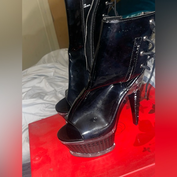 Black Exotic Dance Latex Lace Back Open Toe Platform Heel - Picture 5 of 6